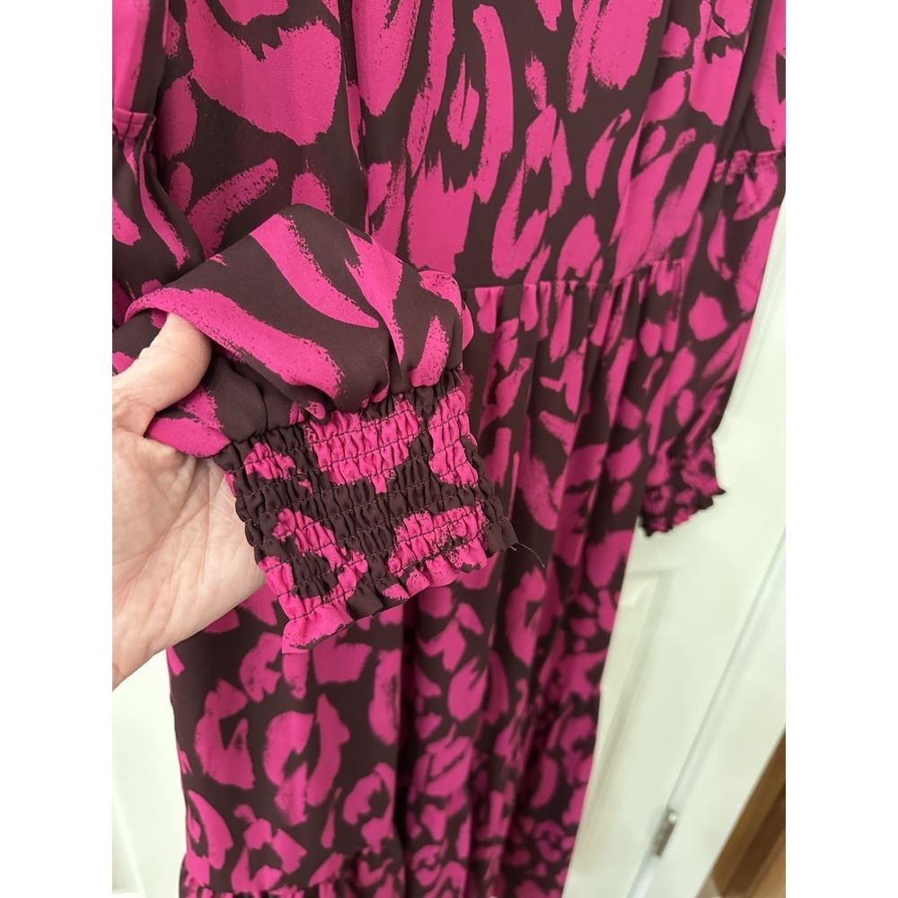 Who What Wear Midi Dress S Pink Brown Abstract Animal Print Long Sleeve Tiered - Picture 3 of 6